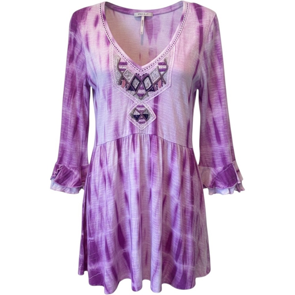Free People Purple Tie Dye‎ Embroidered Beaded Tunic Top Medium Boho Peplum
